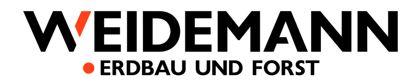 Schwarzer Text "WEIDEMANN" mit rotem Ausrufezeichen als "I", darunter in kleinerer Schrift "ERDBAU UND FORST".